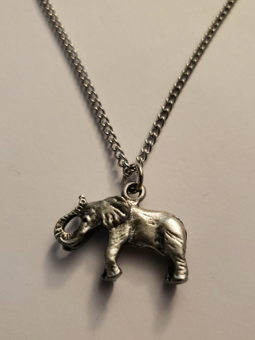 Good Luck Upturned Trunk Lucky Elephant Necklace Silvertone Pendant Steel Chain